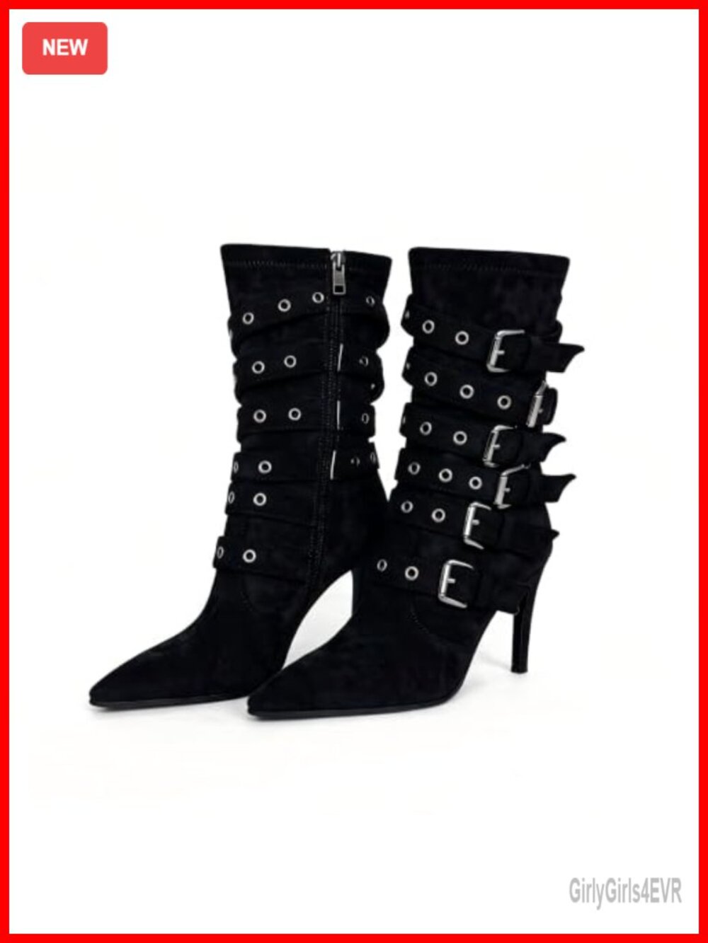 Women's Mid Calf Pointed Toe Stiletto Heel Buckle Strap Boots